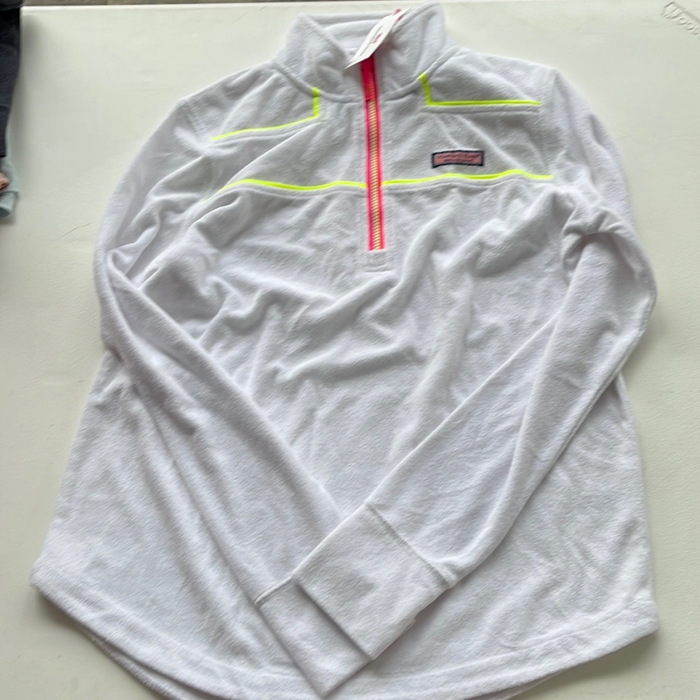 White with neon trim , terry material vineyard vines small shep shirt